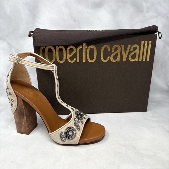 Roberto Cavalli Beaded Embellished T Strap Wooden Block Heel Sandals Bohemian 40 - Picture 4 of 16